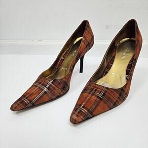 AMALFI Made In Italy Womens 7 B Leather Suede Autumn Plaid Rusty Orange Heels